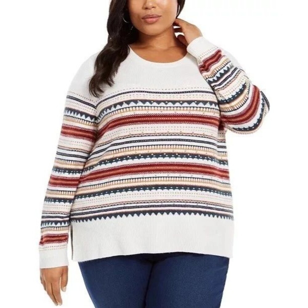 Women's Plus Size Fair Isle Sweater Crew Neck Knit Long Sleeve Pullover Ivory XL